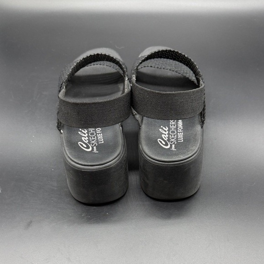 Skechers Cali Luxe Foam Black Wedge Sandals Women‎ Size 8 Elastic Straps - Picture 6 of 8